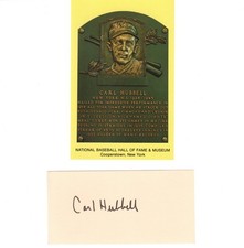 CARL HUBBELL Autograph Signed 2.5X5 Cut Signature w/ COA + HOF Postcard & Photo