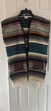 Baja Or Mexican Blanket Vest Serape Front Opening 2 Front Pockets Fringed Hem L