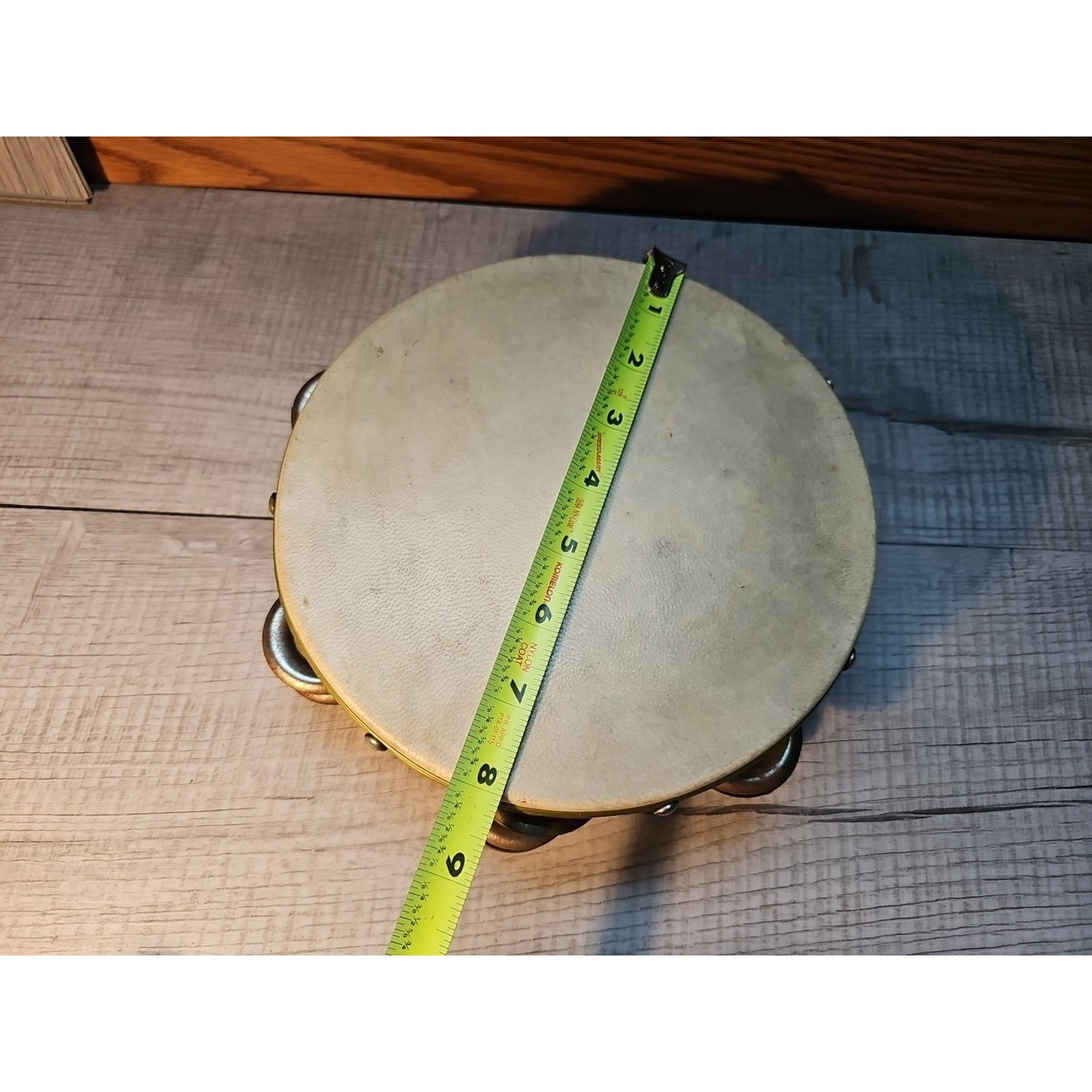 TAMBOURINE DOUBLE ROW CYMBALS 8 Inch Wood With Drum Pad Top Thumb Hole Vintage 