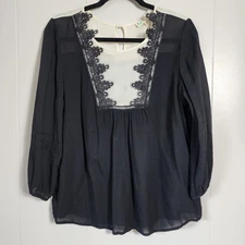 Cresent Boho Romantic Peasent Black White Lace Yoke Relaxed Sheer Blouse Small