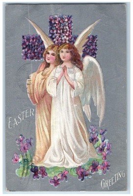 1911 Easter Greeting Holy Cross Angels Pansies Flowers Embossed Posted Postcard