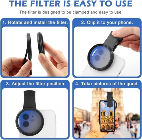 Kit de filtro de lente de cámara de teléfono CPL con clip de 52 mm, polarizador con clip negro  - Imagen 5 de 9