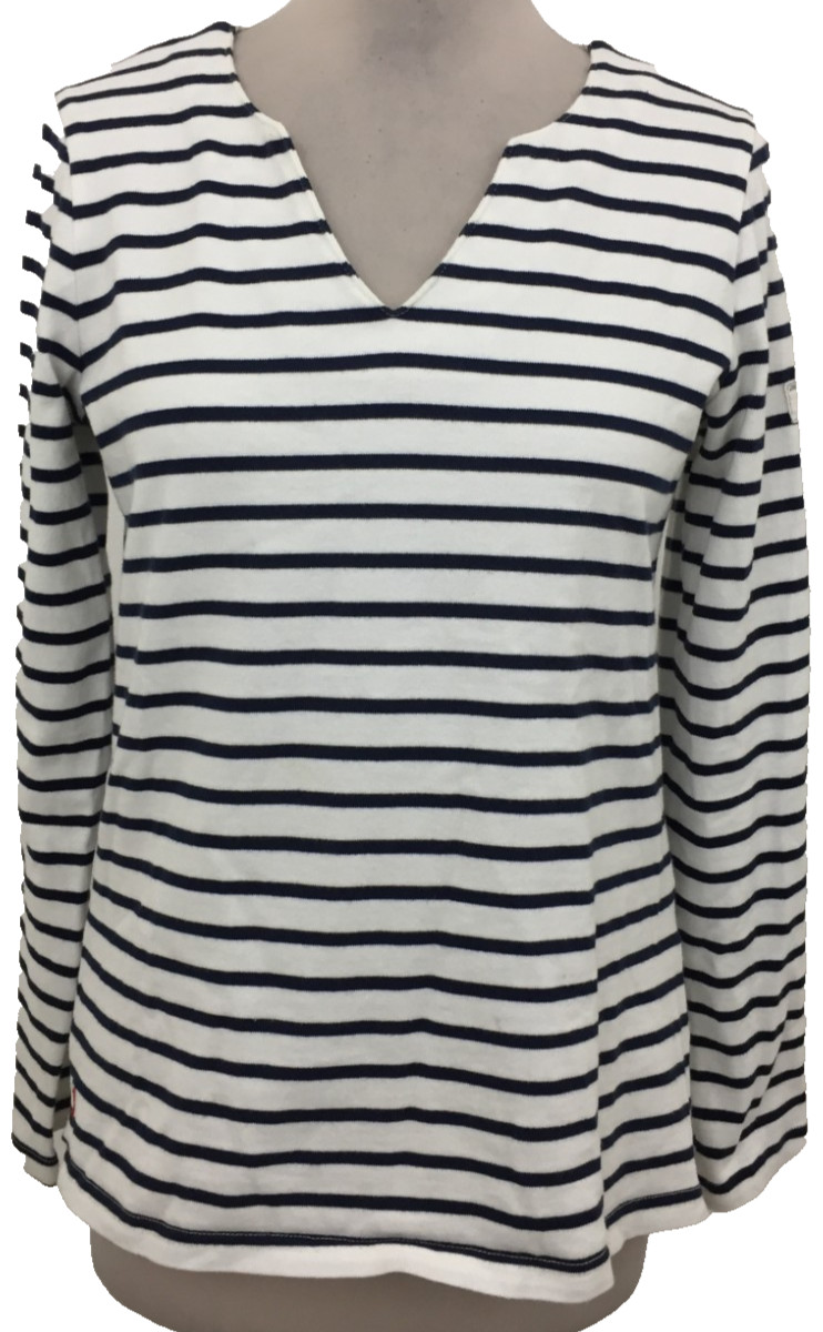Joules Women's T Shirt Size 10 White /Blue Stripes Long Sleeve V Neck Used
