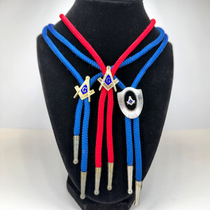 3 Masonic Bolo Ties Blue Red Rope Metal Compass Shield Mason Freemason 16" Long