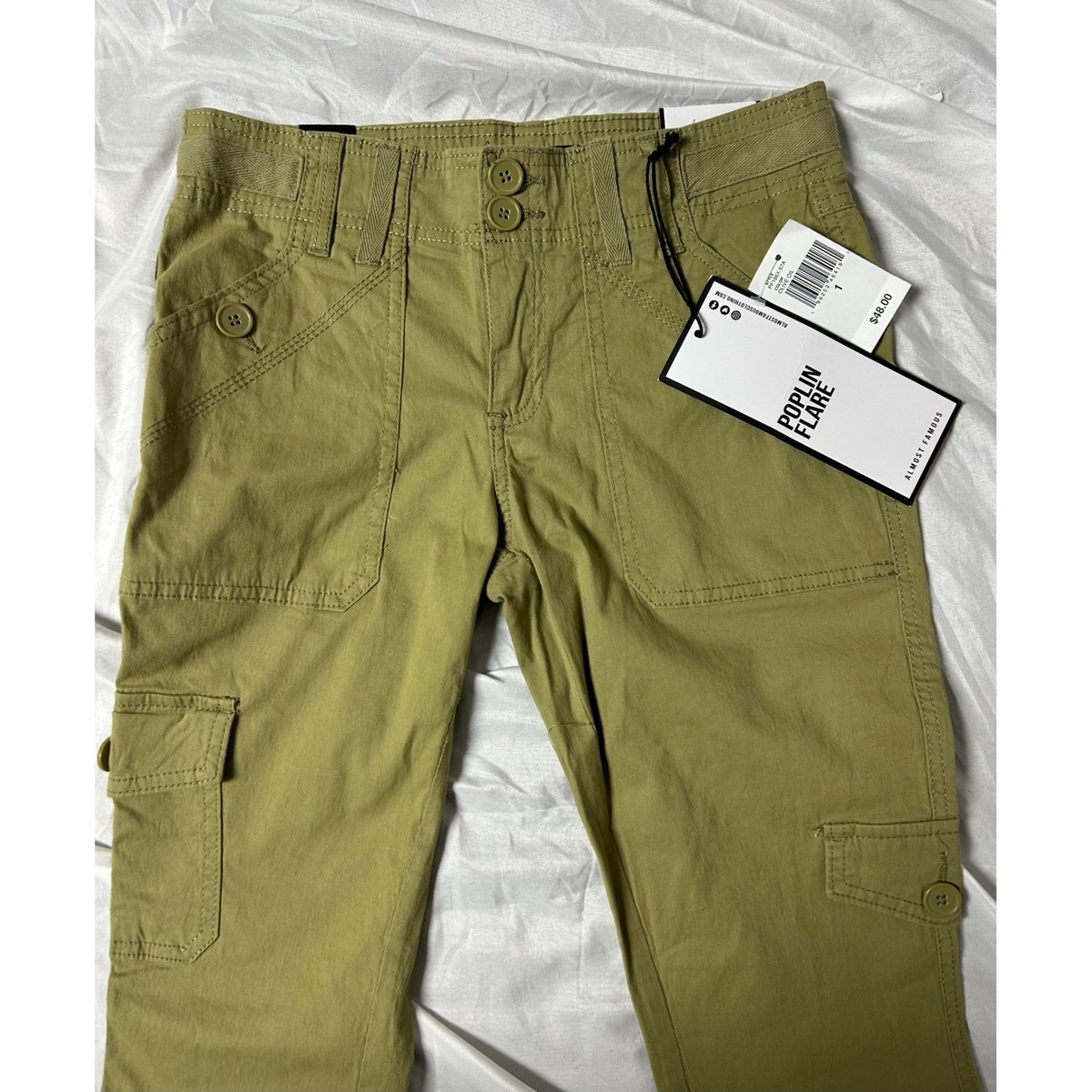 Almost Famous Poplin Flare Cargo Pants Olive Green Y2K Utility