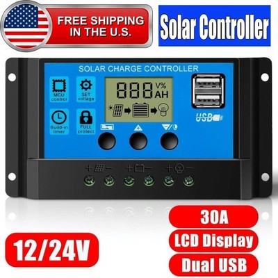 30A Solar Panel Battery Charge Controller 12V/24V LCD Regulator Auto Dual