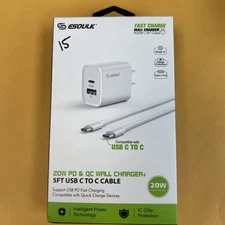 ESOULK NEW Dual Port QC 3.0 and PD 20W Wall Charger With 5Ft USB-C to C Cable