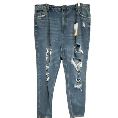 Refuge Women s Mom Jeans High Rise Tapered Tall Blue Distressed Pockets Sz 15