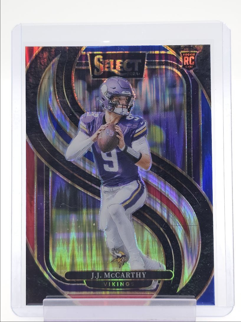 J.J. MCCARTHY 2024 SELECT PREMIER LEVEL ROOKIE RED BLUE SHOCK RC Q6045
