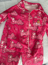 Barbie Girls 2pc Pink/White Satin Button-Up Pajama Set Pockets Size 6