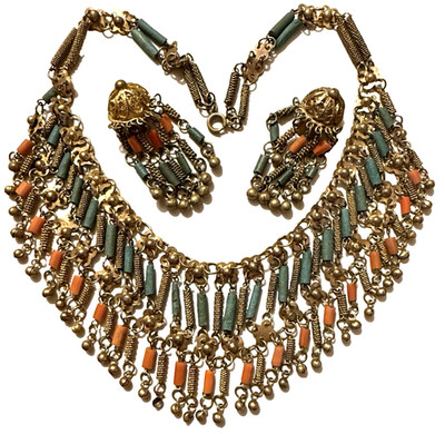 VINTAGE EGYPTIAN REVIVAL FAIENCE BEAD BRASS ARTISAN NECKLACE & DANGLE EARRINGS