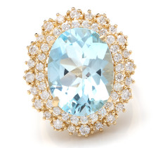 11.40Ct Natural Aquamarine and Diamond 14K Solid Yellow Gold Ring