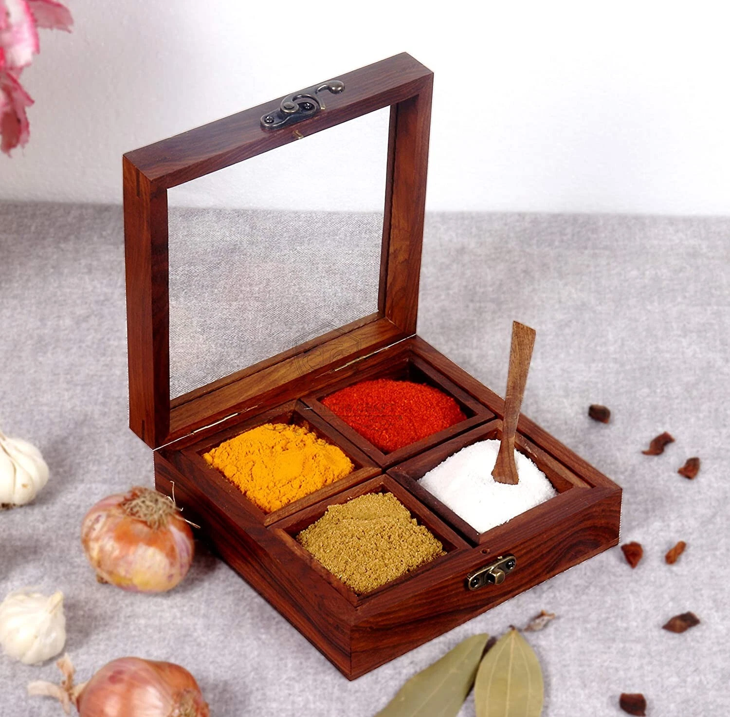 Spice Jar With 4 Container & Spoon Wooden Kitchenware Storage Brown Handmade Box