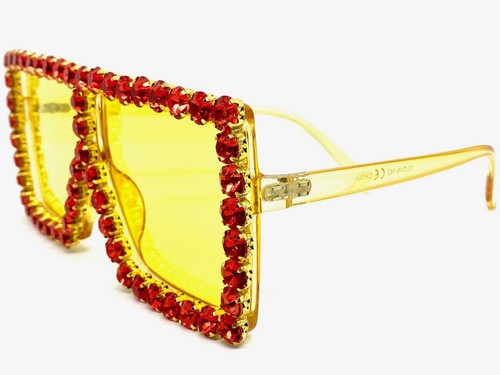 Oversized Retro Shield SUN GLASSES Yellow Frame Lens Large Rhinestones Handmade! - Picture 5 of 8