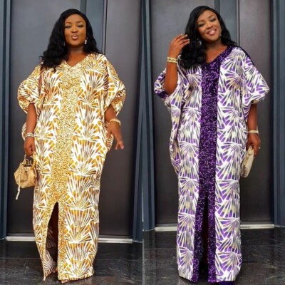 African Print Robe Muslim Women's Party V-Neck Dresses Dashiki