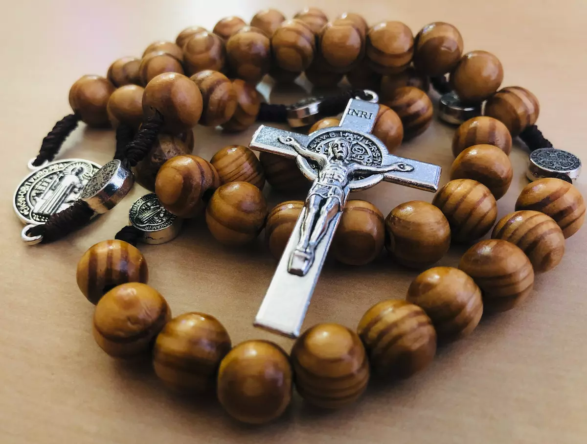 Saint St Benedict Wooden Rosary for Men Women Wood Prayer Beads