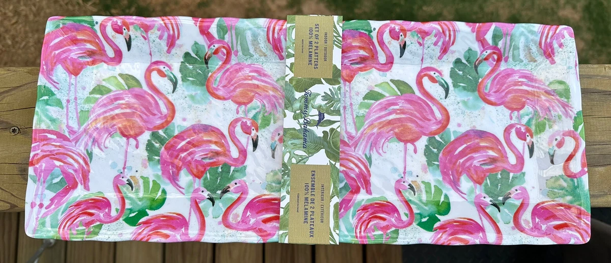 Set of 2 Tommy Bahama Melamine Pink Green Flamingo Serving Trays