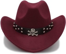 Maroon, Wine Red, Western Skull Cowboy, Cowgirl Hat, Men Women Retro Wide Brim