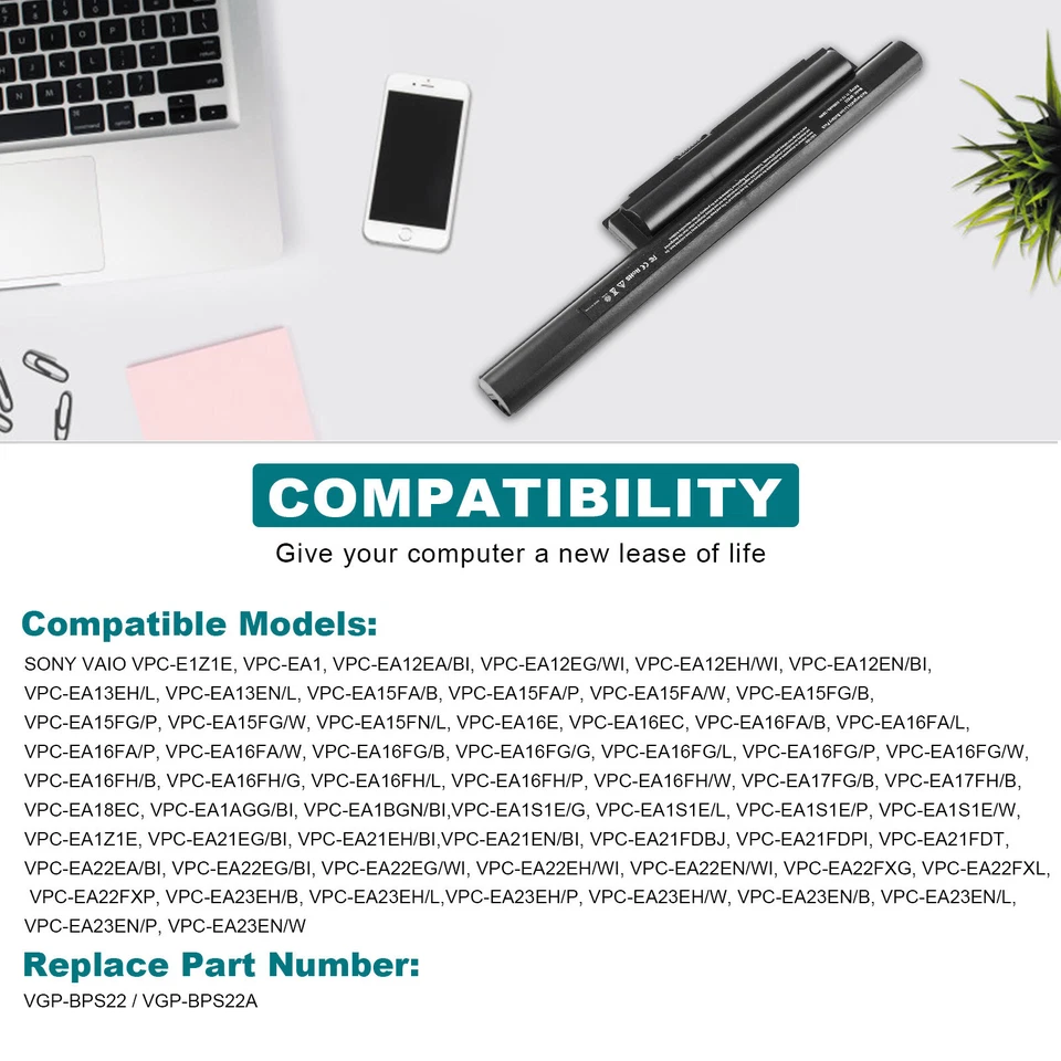 Batería para Sony Vaio VGP-BPS22 VGP-BPS22A VGP-BPL22 VPC-EA22EA/BI VPC-EA23 EE. UU. Foto 3 de 4