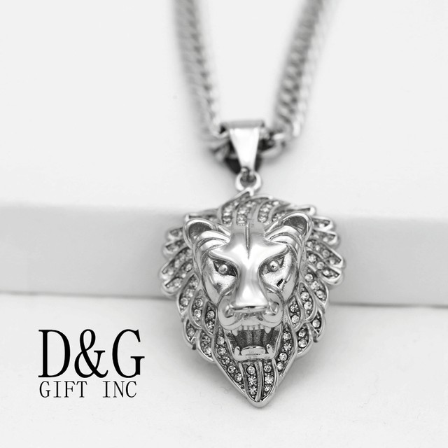 DG Men's 20" Stainless Steel Silver.Lion Head CZ Pendant:Cuban Curb Necklace.Box DG Men's 20" Stainless Steel Silver.Lion Head CZ Pendant:Cuban Curb Necklace.Box