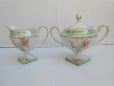 ANTIQUE R.S PRUSSIA Porcelain Footed SUGAR CREAMER Roses Red Mark
