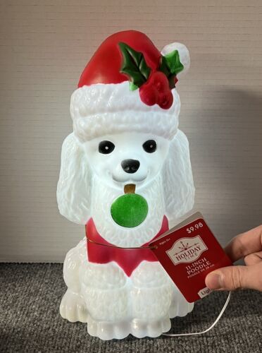 White Poodle Dog Blow Mold Christmas 11" Santa Hat Table Decor