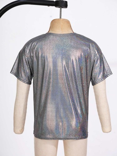 Girls Boys Shiny Metallic T-Shir Hip Hop Tops Stage Performance Cool Top Costume - Picture 5 of 42