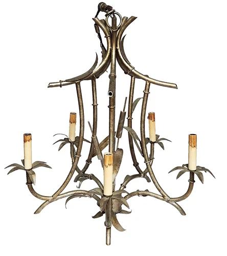 Currey & Co 5 Light Wheat Sheaf Bamboo Chinoiserie Pagoda Silver Gold Chandelier