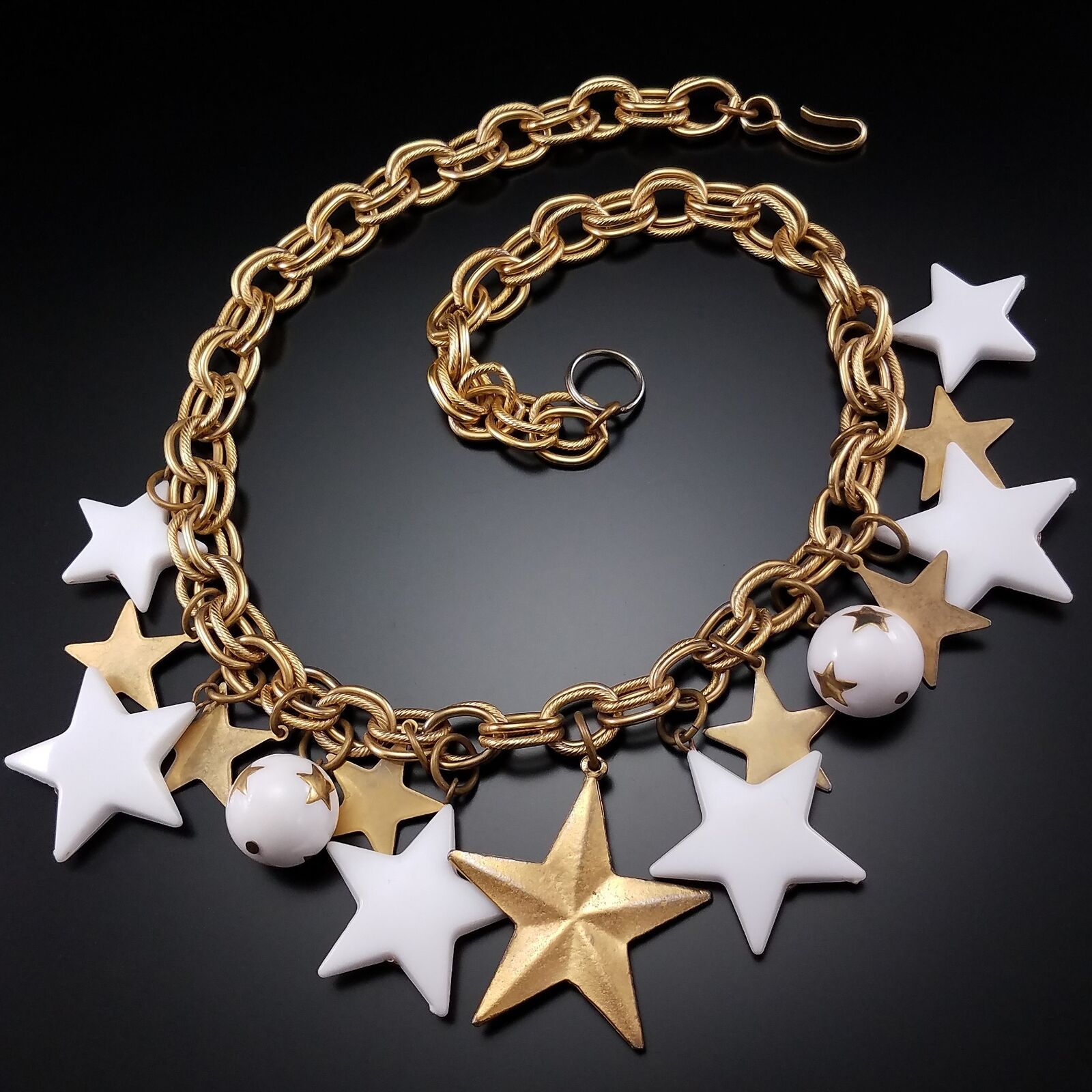 Vintage Jewelry 80s Charm Necklace Star Charms Re… - image 2