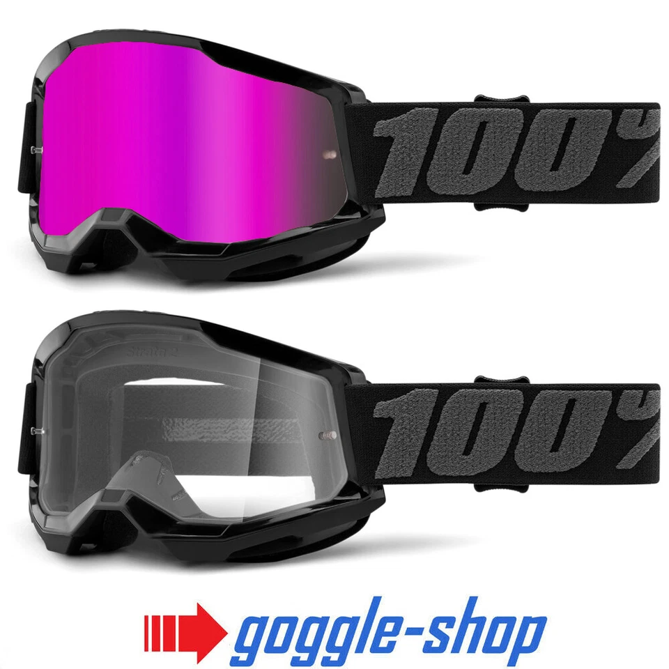 100% STRATA 2 MOTOCROSS MX BIKE MTB GOGGLES BLACK CLEAR / PINK MIRROR LENS