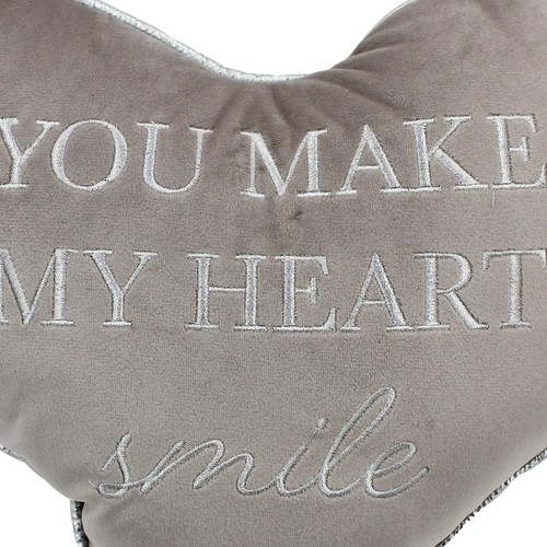 Heart Cushion Grey Velour with Wording 'You make my heart smile' - Picture 2 of 2