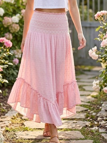 NWT Hem & Thread Blush Pink Smocked Clipped Dot Maxi Skirt sz LG