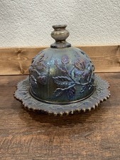 Plato tazón de mantequilla rosa vidrio brillo pavo real carnaval iridiscente imperial vintage