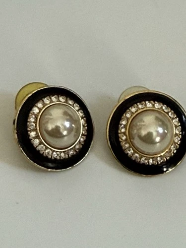 VTG 1” ROMAN FAUX PEARL & RHINESTONE BUTTON Pierced Earrings - Costume Jewelry