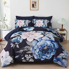 Floral Comforter Set King Size 7 Pieces Elegant Navy Blue Flower Bed in a Bag Li