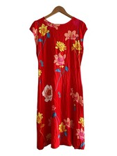 LOFT Red Floral Rayon Midi Dress Size 8 Short Sleeve Side Slit Tropical Summer