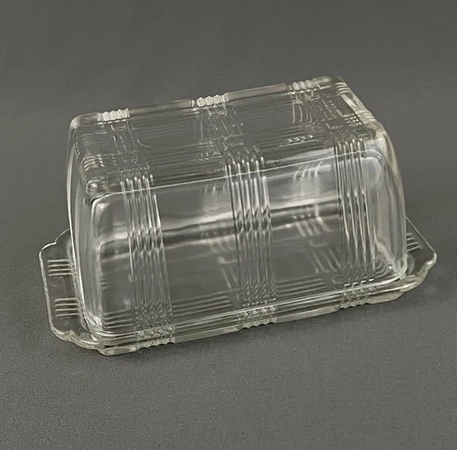 Vintage Hazel Atlas Criss Cross Covered Butter Dish Clear Depression Glass 1940s
