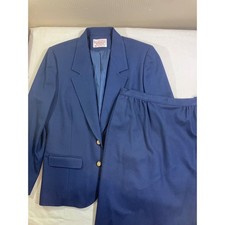 Vintage Pendleton Petite Navy Blue Wool Skirt Suit Set Blazer Size 12 Made USA