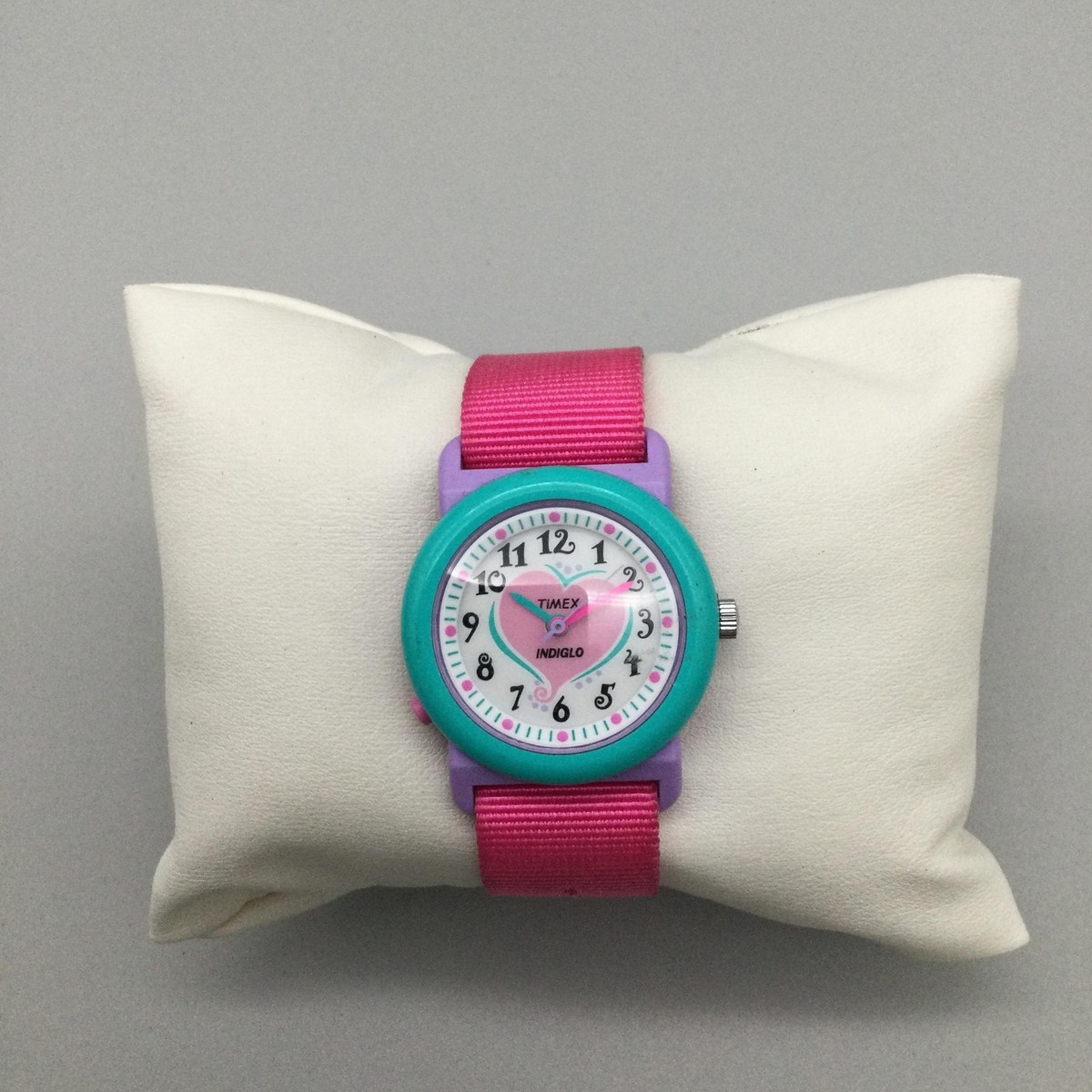 Vintage Timex Indiglo Girls Watch 27mm White Dial Pink Nylon Heart 