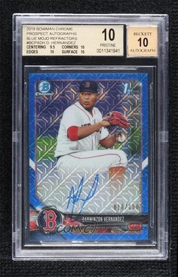 2018 Bowman Chrome HTA Blue Mojo Refractor Darwinzon Hernandez BGS 10 Auto 1o4