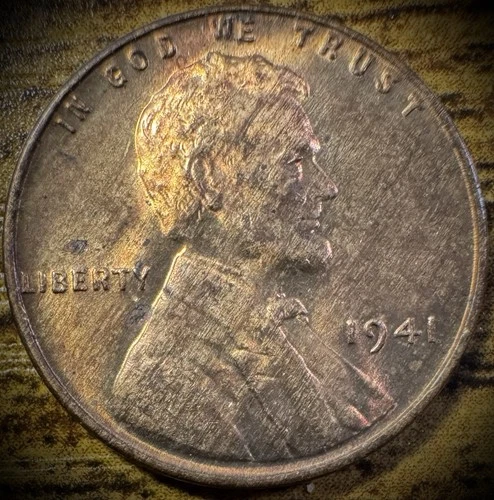 1941 Lincoln Wheat Penny Cent Uncirculated Wood grain TONING