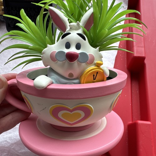 Disney Parks White Rabbit Alice In Wonderland Tea Cup Figurine Faux Plant