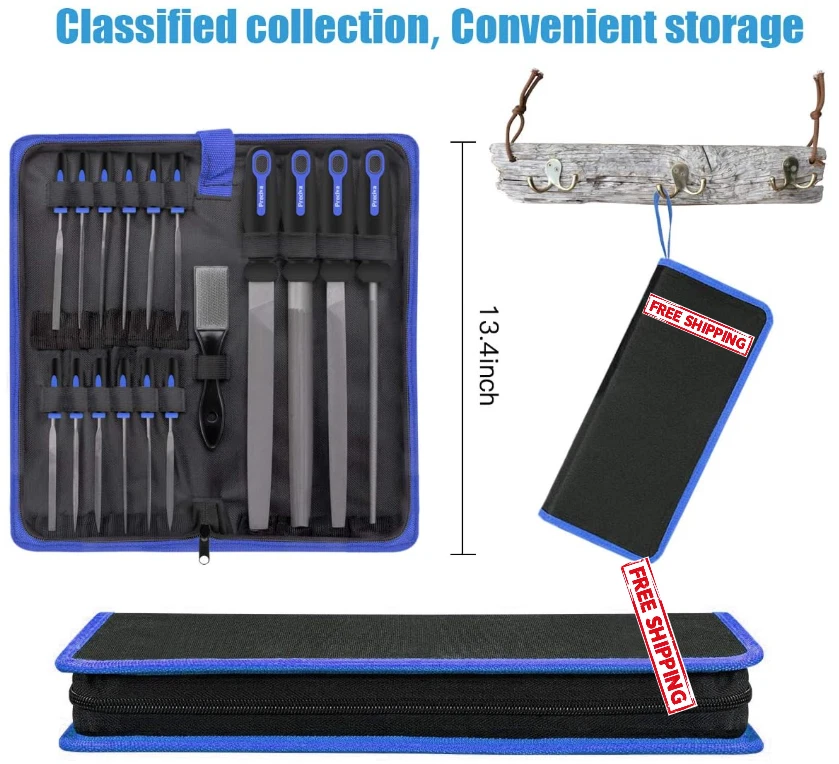 Juego de archivos de 18 piezas, limas de acero al carbono con 4 limas grandes, 12 agujas, cepillo y bolsa Foto 3 de 4