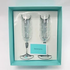 TIFFANY & Co. Floret Champagne Flute Pair Glass Clear Barware  With Box