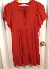 Knox Rose Babydoll Dress Womens Large RED Cottagecore Textured Ruffle Tie Neck