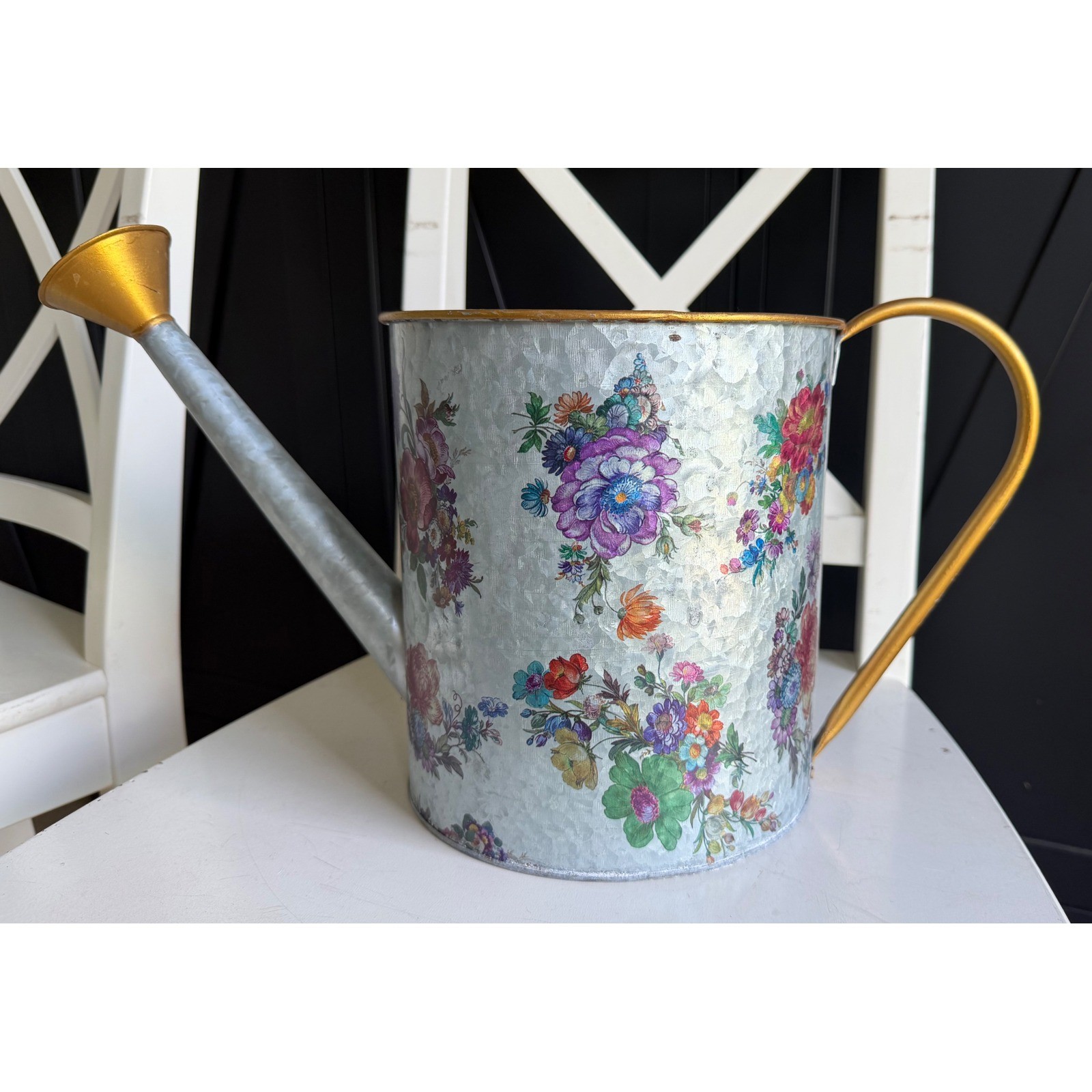MacKenzie-Chil<wbr/>ds Floral Galvanized Metal Watering Can Gold Handle Garden Decor