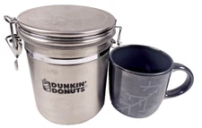 Combo of Dunkin Donuts  Stainless Steel Canister and 14oz Grey Mug