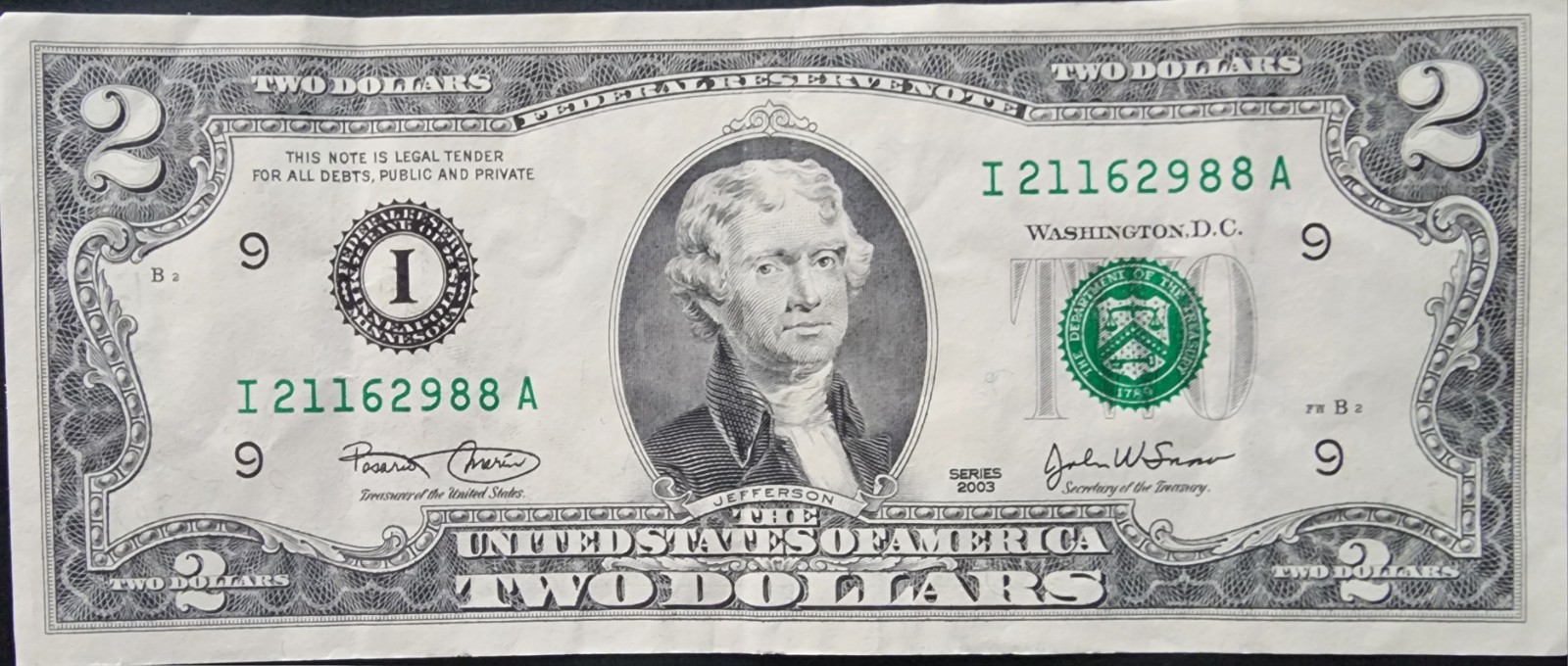 2003 $2 (two dollar) bill “I” series circulated, rare