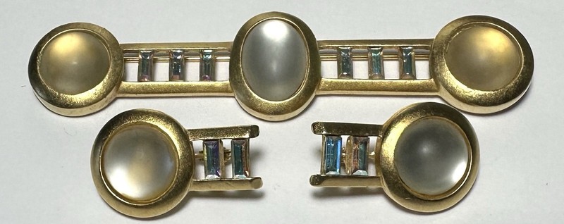 Monet Deco Style Bar Pin & Earrings, Frosted Glass, Aurora Borealis Baguettes