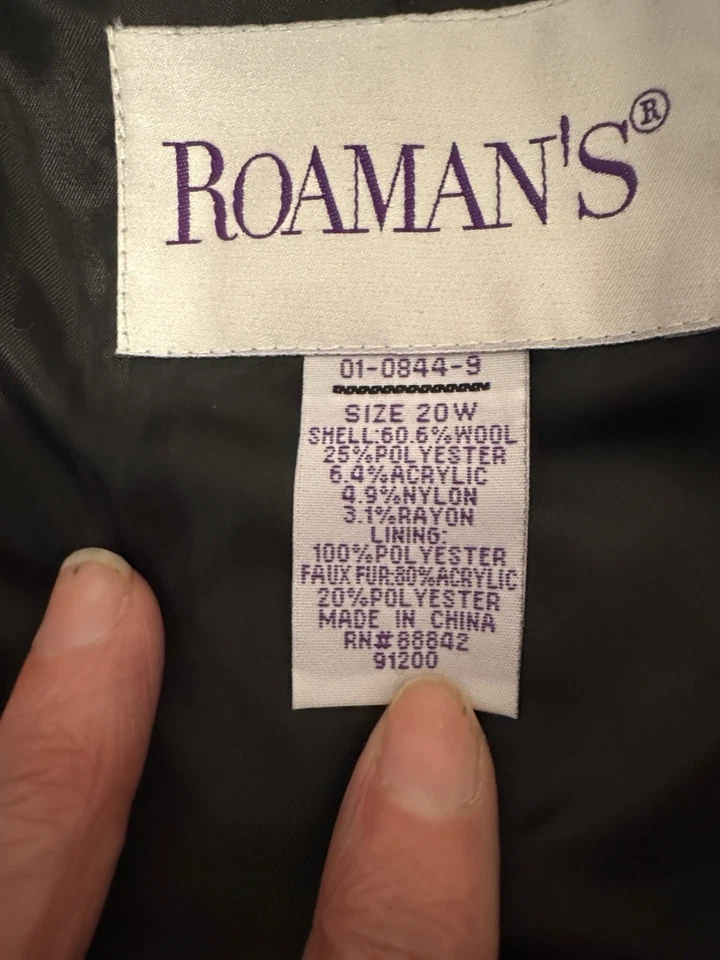 Roman’s Black Faux Fur Trim Coat (20w) Women's - Image 3 of 4